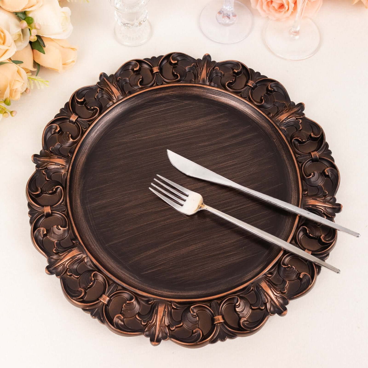 6-Pack Acrylic Charger Plates 13" Round Dark Brown with Aristocrat Retro Baroque Rim - Ornate Plastic Decorative Chargers